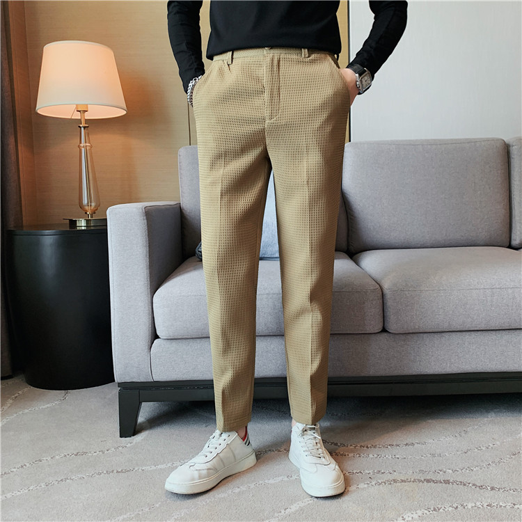 Pantalon décontracté droit gaufré à la mode et simple de marque tendance paresseuse, pantalon slim à petite jambe, pantalon d'affaires suspendu_voghion.com