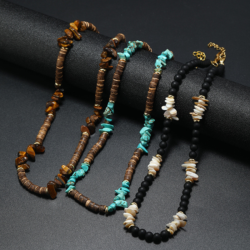 45g Weight 304 Stainless Steel Pendant Material Bohemian Geometric Coconut Shell Glass Gravel Beaded Men's Necklace