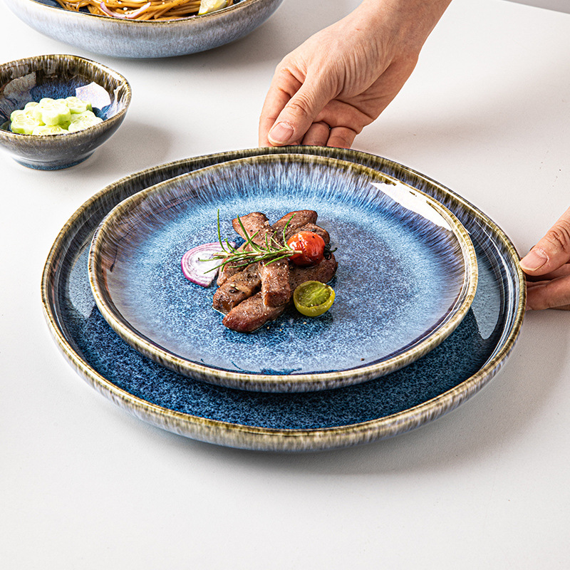 Yunmeng azul azul horno transfronterizo esmaltado cubiertos exportación Europa y América personalidad retro azul irregular platos de cerámica platos