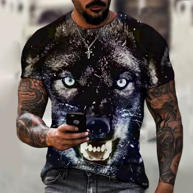 2024 moda casual suelto cuello redondo manga corta transpirable camiseta de hombre personalidad lobo malvado spot de impresión digital 3D