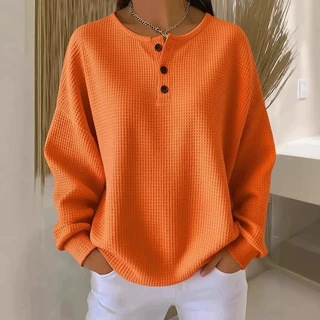 春秋款华夫格圆领三纽扣长袖卫衣女宽松显瘦简约印花上衣