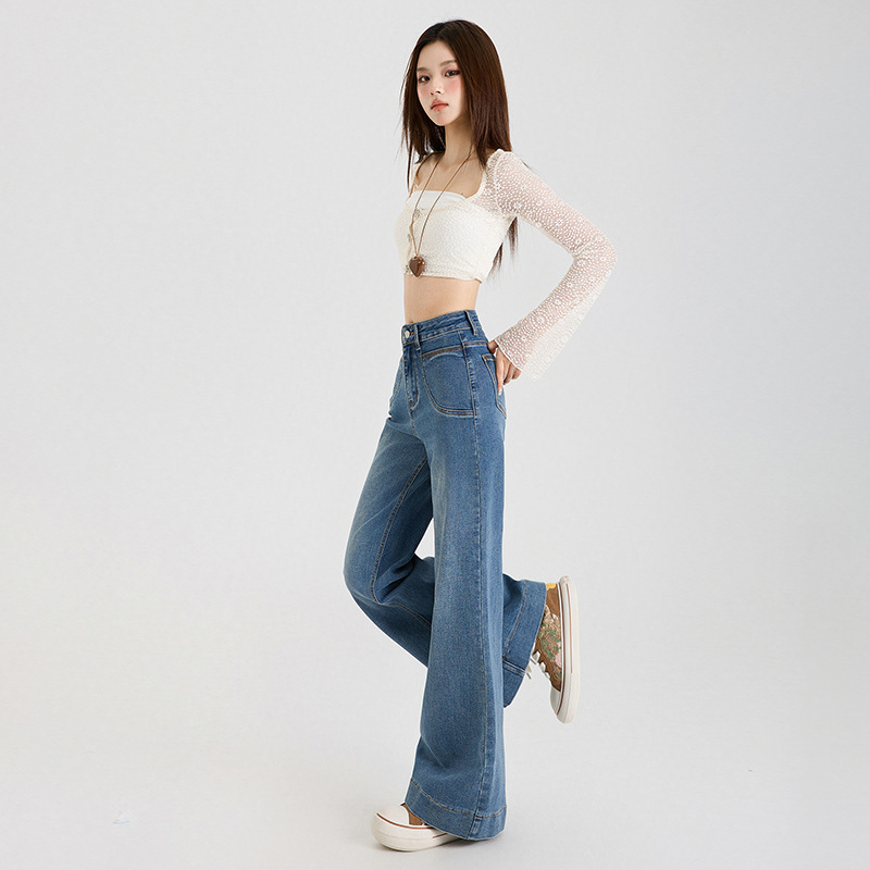 稚橘#美式复古水洗辣妹弹力微喇牛仔裤女高腰显瘦潮流百搭喇叭裤|undefined