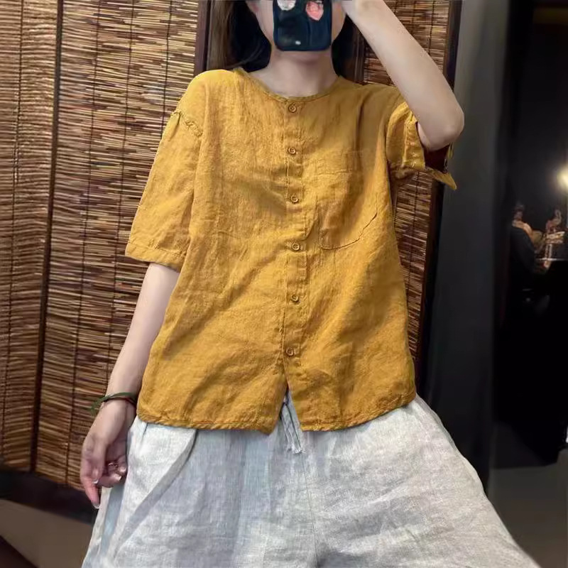 2025 Cotton Linen Short-sleeved Round Neck Shirt Women's Summer New Retro Artistic Loose All-match Age-reducing Cardigan Top