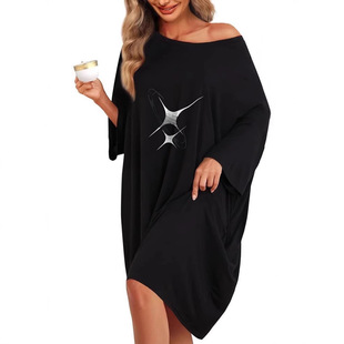 2024 Amazon Cross Border plus size Women's Nightgown Home Wear T-Shirt Short Sleeve Printed Pajamas Nightgown with Pocket