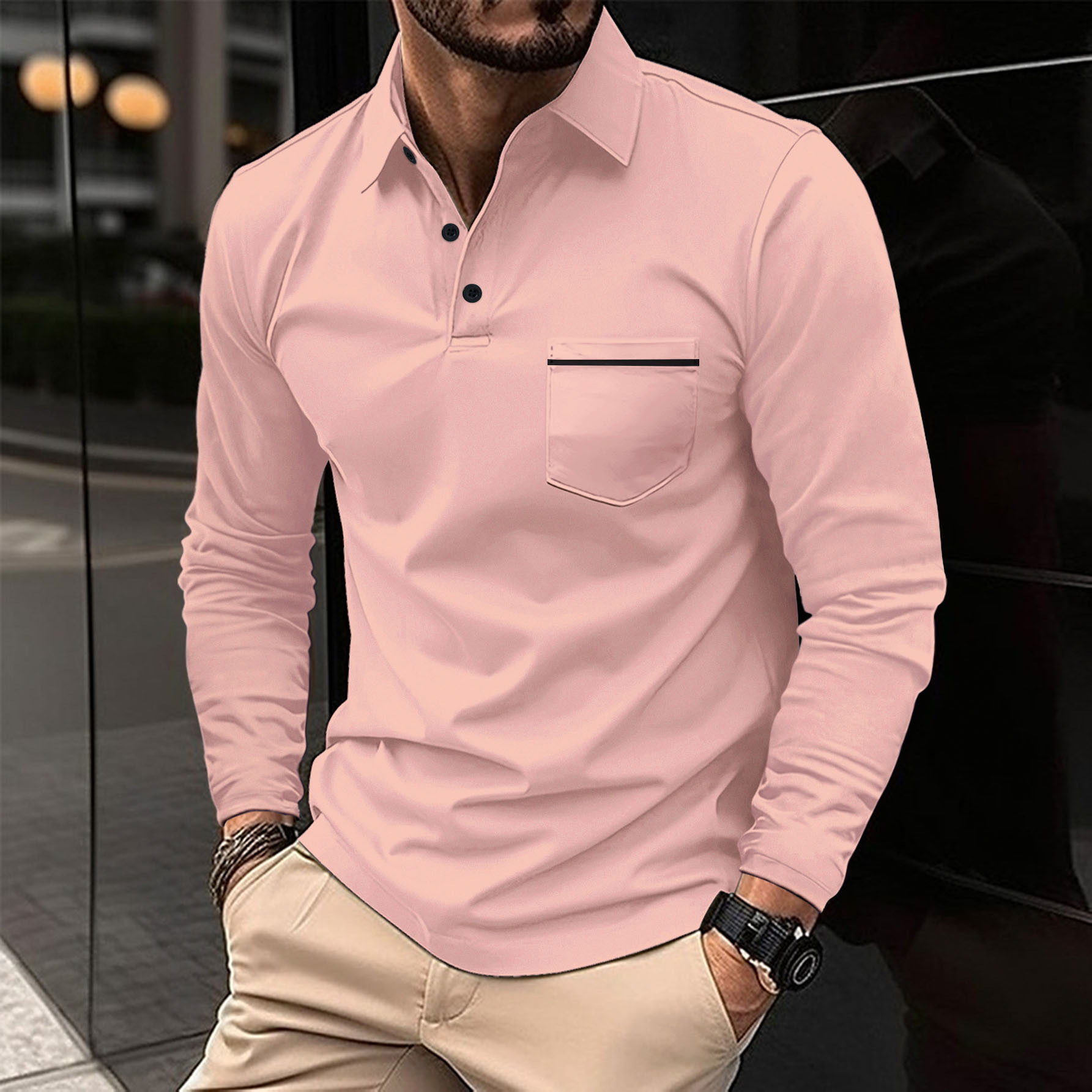 2024 Spring Long Sleeve V-neck Button Pocket Men's Casual Top_voghion.com