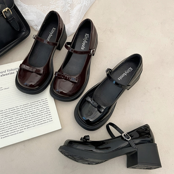 Retro summer brown Mary Jane shoes heels with bow English style