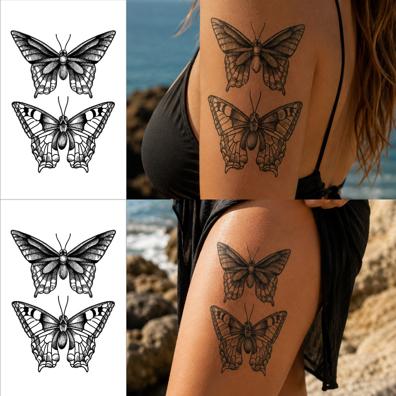 Cross-Border New Style Black and White Sexy Butterfly Tattoo Stickers for Women, Waterproof, Long-Lasting, Non-Reflective Temporary Tattoo Stickers