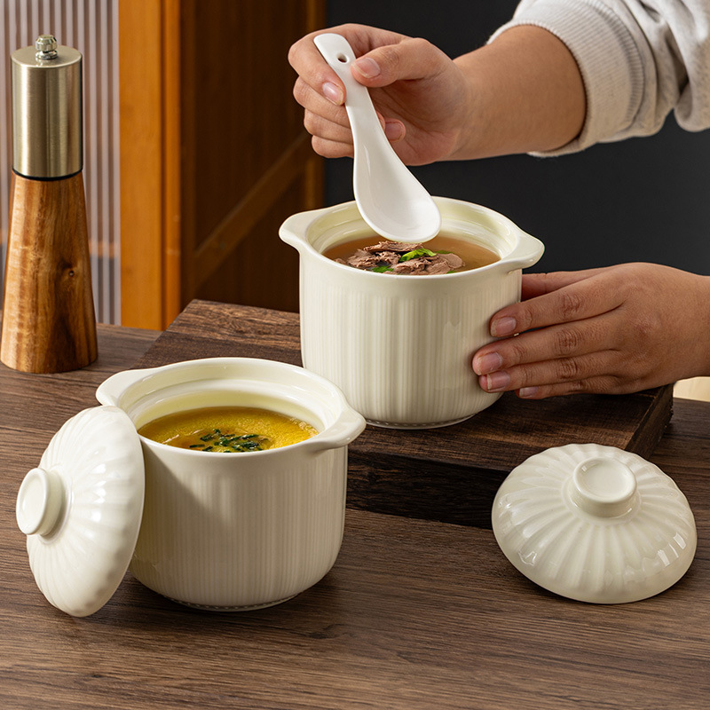 Ceramic stew pot, egg steaming cup, household double-handled stew pot with lid, water-proof bird's nest soup pot, stew bowl, egg custard steaming bowl