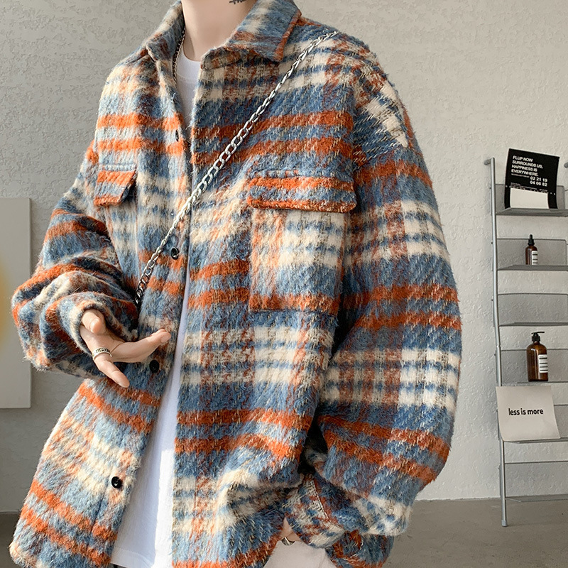Hong Kong-style Retro Student Woolen Jacket Loose Lapel Plaid Casual Jacket Woolen Trendy Men's Long-sleeved Top