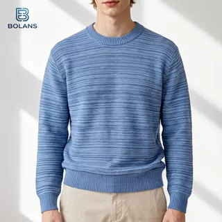 复古渐变蓝段染条纹男士针织衫横肌理圆领套头毛衣休闲内搭上衣