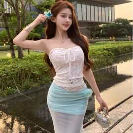 设计感纯欲白色提花绑带美背抹胸背心沙滩度假游泳衣女网纱蕾丝