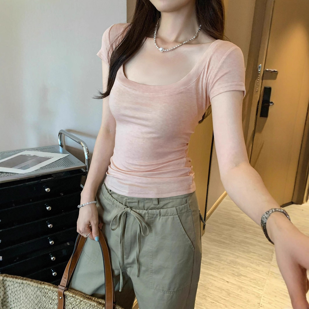 Lyocell Tencel Wool Thin Pure Lust Pink U-Neck Right Shoulder Short-Sleeved T-Shirt Women's New Beautiful Top