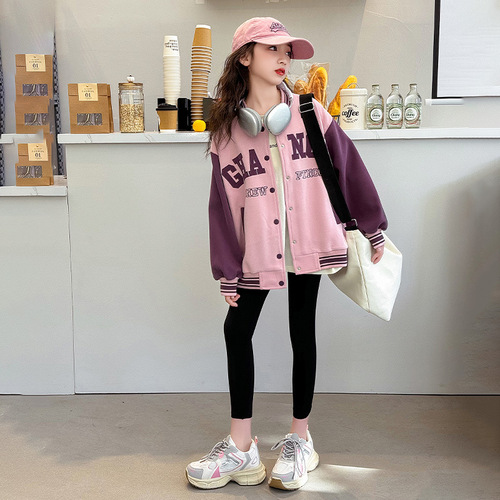 Women's Spring and Autumn 2024 New Children's Stylish Color-blocked Spring Top for Older Children, Spring Baseball Jacket