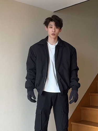 Black Cleanfit Cotton Jacket for Men - Spring and Autumn, American Style, Bulky, Short, Wide, Square Shoulders, Administrative Jacket, Trendy