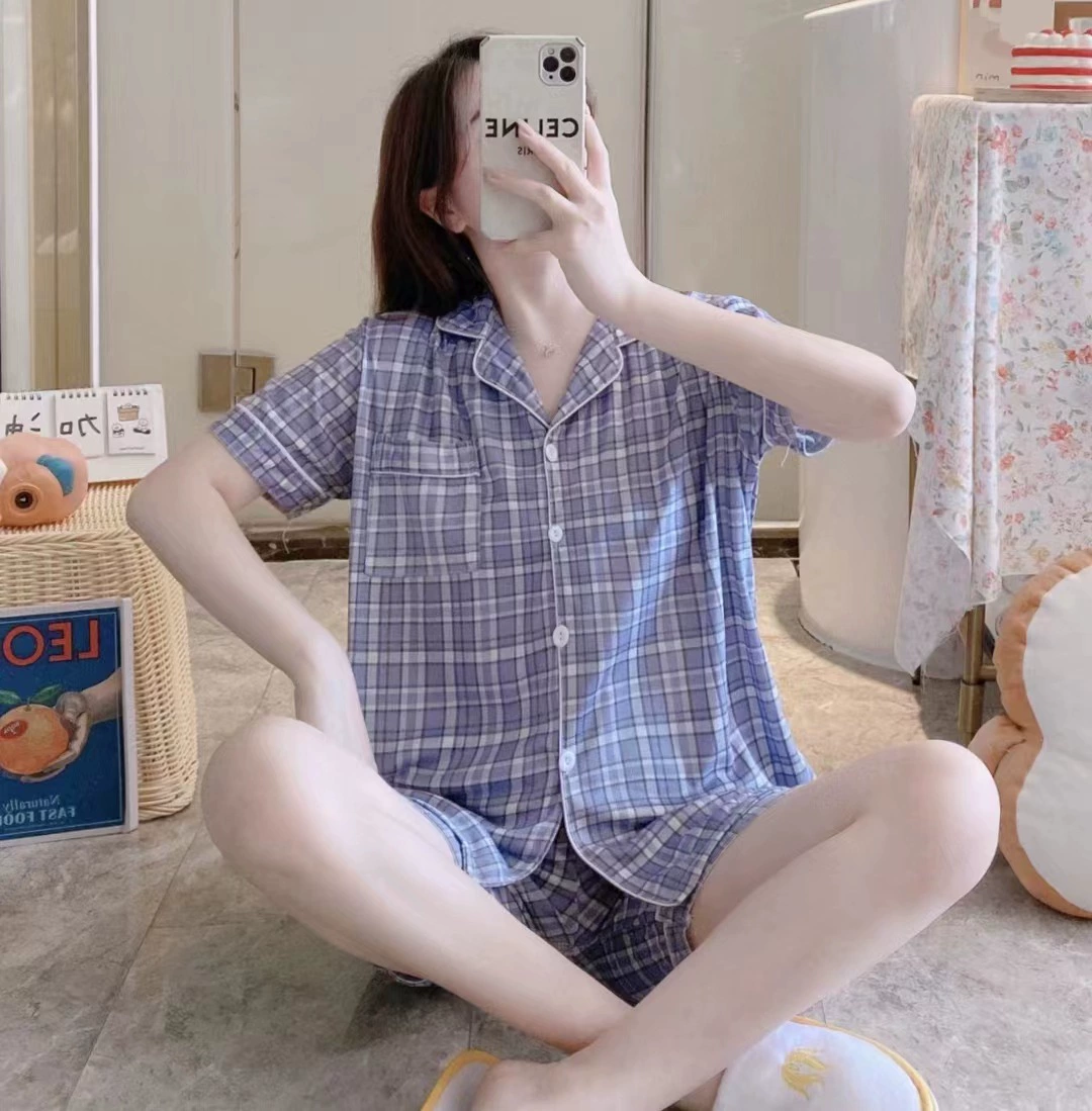 Летняя пижама женская Dongdamen короткий рукав, клетчатая, лёгкая, размеры M–XXL
