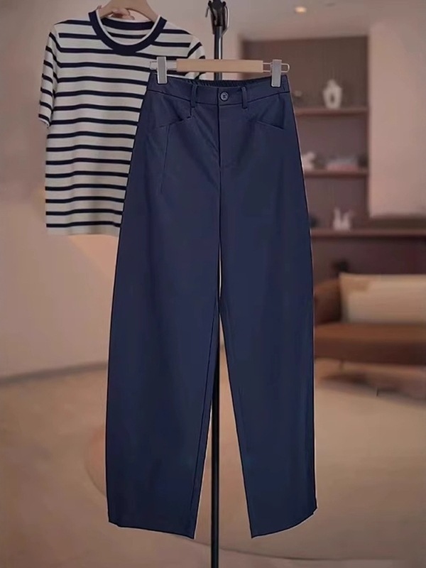 藏蓝色弯刀休闲裤女2025夏季薄款大码梨形身材宽松显瘦镰刀阔腿裤|undefined