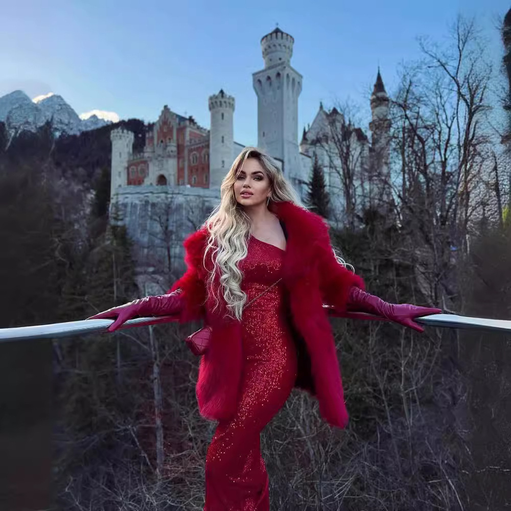 Women's Clothing New red flower one shoulder sequin dress long Christmas women's long sleeved dress autumn and winter_voghion.com