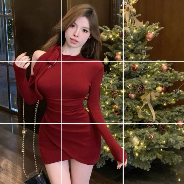 春秋季纯欲蝴蝶结镂空长袖连衣裙收腰显瘦包臀短裙5426