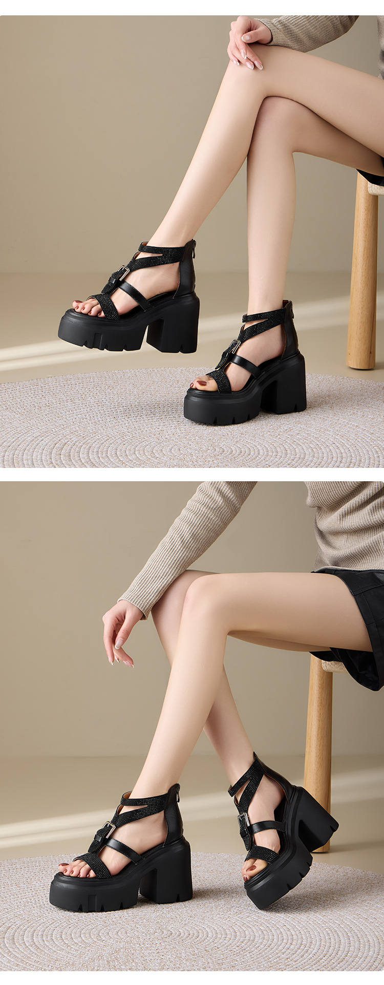 Giày sandal cao gót nữ đính đá gót 12 cm đế xuồng phong cách La Mã — màu đen chi tiết 5