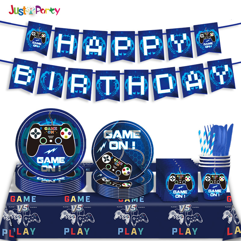 Blue Game Handle Theme Party suit Disposable Tableware Paper Tray Tissue Paper Cup Arrangement Decorative Supplies