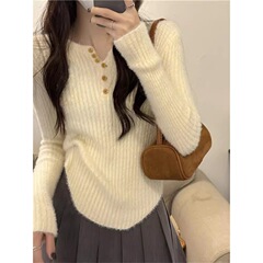 仿水貂毛刺绣针织衫毛衣女秋冬新款修身长袖短款内搭打底毛织上衣