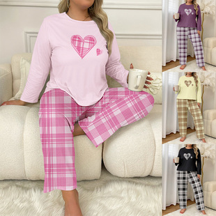 Cross-Border High-End Printed Love Pajamas for Women, Milk Silk Long-Sleeved Striped Plaid Trousers, Comfortable and Casual Home Two-Piece