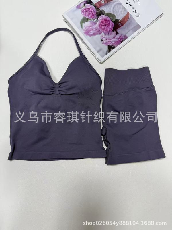 跨境无缝瑜伽挂脖背心 高弹提臀瑜伽健身短裤 长文胸短裤套装批发|undefined