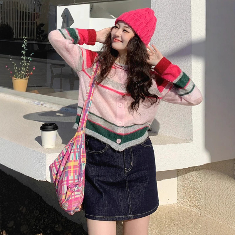 Wool Blended Multi-Thin Colorful Stripesd Knitwear for Women 2025 Autum New Round Neck Cardigan Top