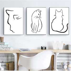 北欧风格可爱的猫艺术动物模块化图片画布绘画海报客厅装饰墙壁图