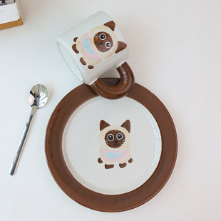 Original Cute Hand-painted Cat Mug Cartoon Ceramic Coffee Cup Saucer Household Tableware Breakfast Plate Water Cup