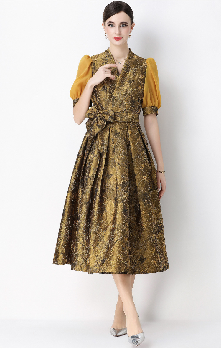 Đầm maxi nữ thắt eo V cổ tay ngắn họa tiết jacquard thanh lịch — màu đen, xanh lam, Màu hồng, màu trắng chi tiết 30