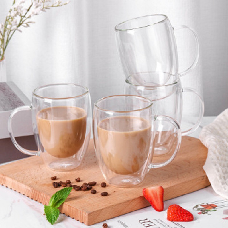 Taza de café de vidrio de doble capa con mango Taza de aislamiento taza de té del hogar mango transparente engrosada taza de bebida de la Oficina