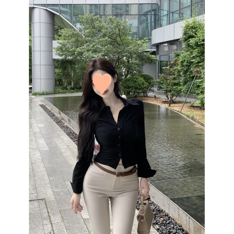 白色辣妹褶皱收腰纯欲上衣新款设计显瘦修身长袖衬衫别致上衣衬衣|undefined