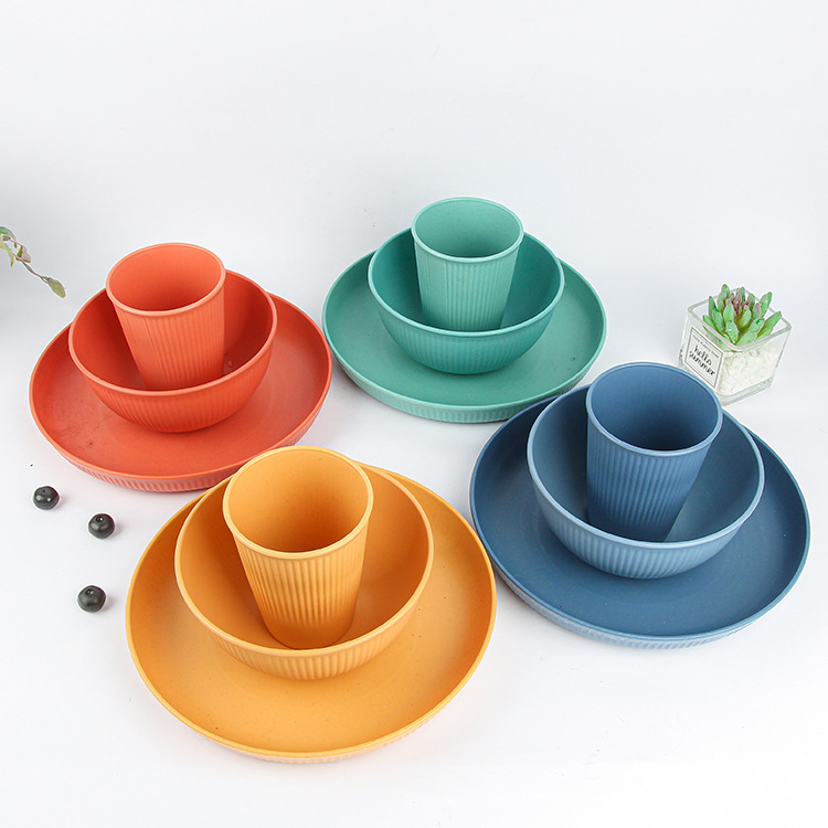 小麥秸稈家用餐具套裝簡約塑料圓盤飯碗水杯用餐杯子盤子碗套裝