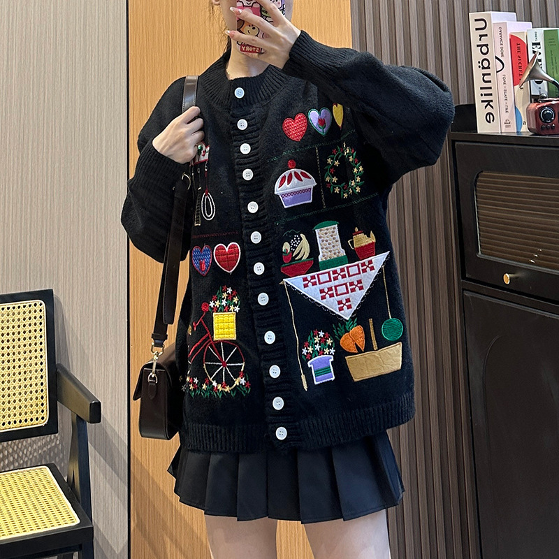 デザイン感小衆重工セーターニットカーディガン女性韓系甘くて可愛い刺繍雰囲気感秋冬服コート|undefined