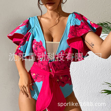 重工荷叶边绑带压线网纱连体泳衣女2024新款跨境外贸泳装swimsuit