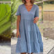 2025 European and American Summer New Women's Fresh Sweet V-neck Solid Color Large Swing Casual Skirt dress