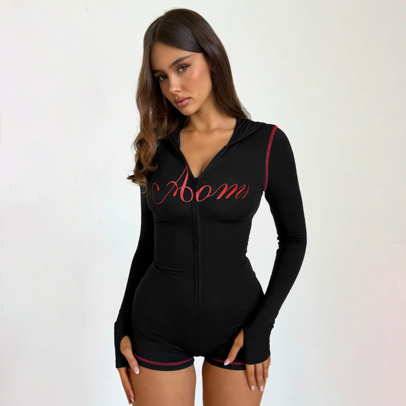Cross-Border Amazon Sports Fashion Contrasting Zipper Hooded Slim Knitted Jumpsuit Hot Girl Sexy Jumpsuit