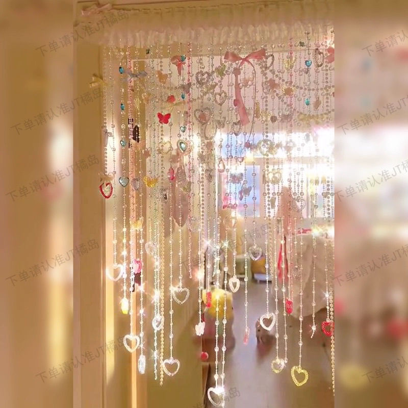 Ins Bow Finished Door Curtain Bead Chain Hanging Curtain Little Red Book Girl Room Layout Bedroom Decoration Curtain
