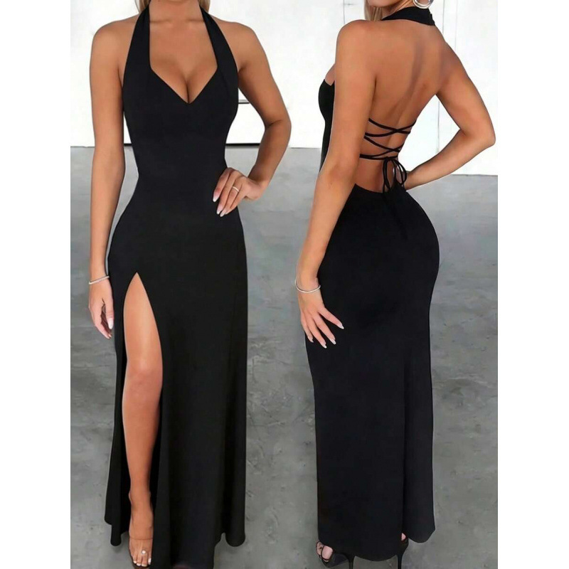Cross-border Amazon European and American 2026 Summer New Deep V-neck Purely Sexy Halter Neck Backless Slit Dress for Women