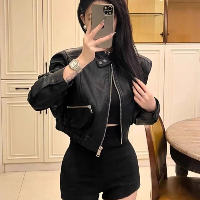 American-Style High-Waisted Short Leather Jacket for Women, 2026 Spring New Stylish Versatile Biker Leather Jacket for Petite Figures