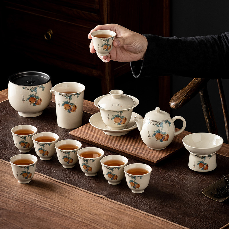 Plant Ash Chinese Kung Fu Tea Set Home Living Room Tea Brewing Covered Bowl Teapot Teacup Office High-end Gift Box