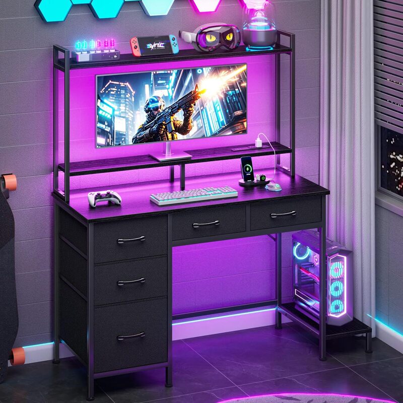 Computer Gaming Desk with Host Holder Home Office Desk with Power Outlet, Led Light with 5 Storage Drawers