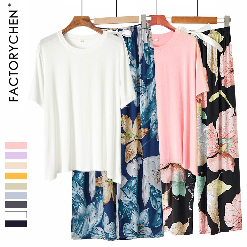 Cross-border Spring and Summer Modal Cotton Silk Pajamas Women's Amazon Flower Short-sleeved Cropped Pants Pajamas Home Clothes Set