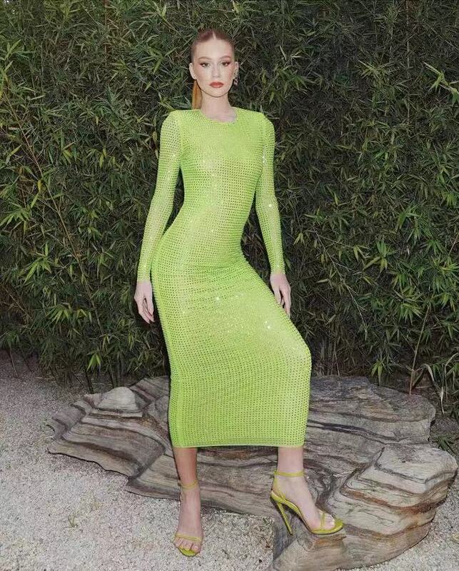 Europe and the United States cross-border 2-color Super Flash heavy industry gorgeous full diamond hip long green dress party dress costume