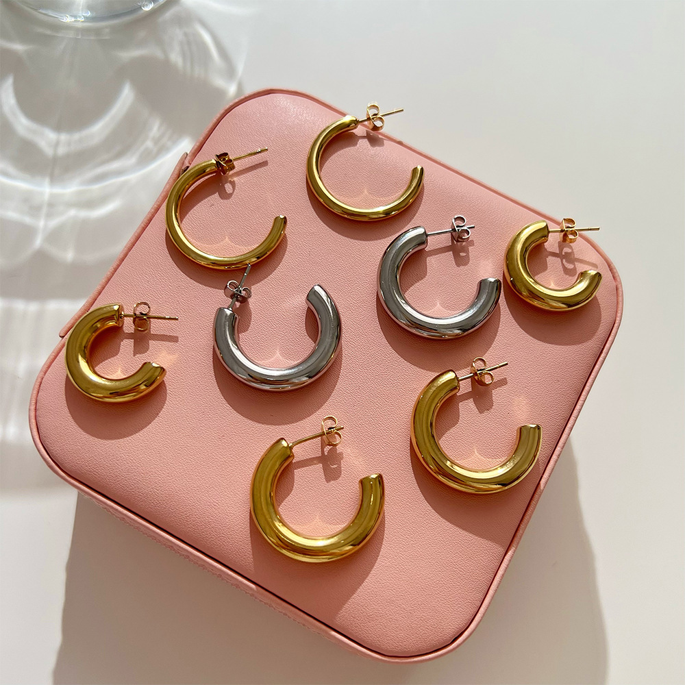 Women's Simple Retro C-Shaped Semi-Circle Stainless Steel Gold Sliver Earrings_colorza_1