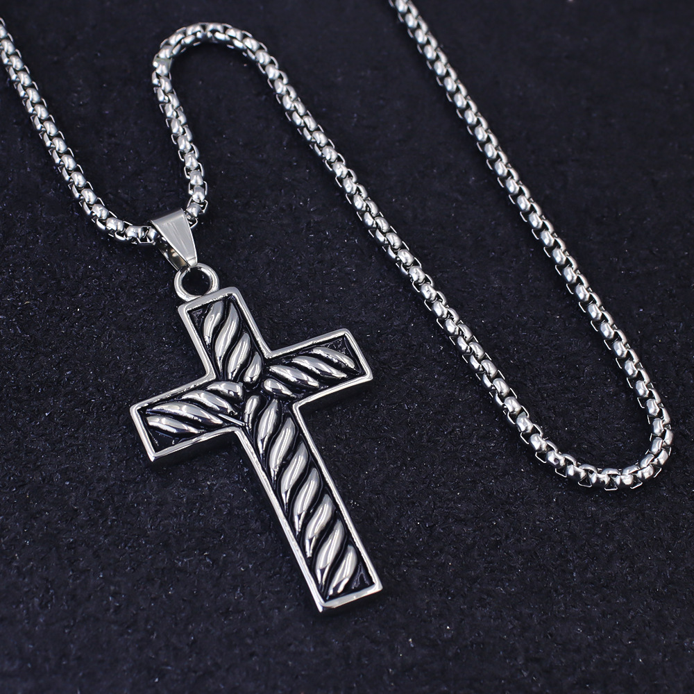 Edelstahl Anhänger Halskette Mit Gestreiftem Kreuz Für Damen_voghion.com