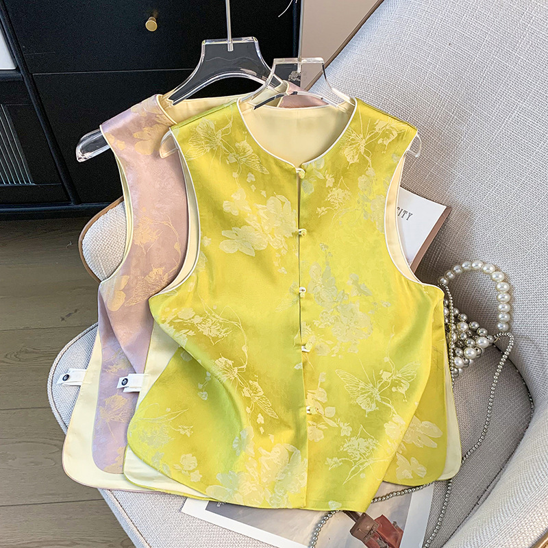 2025 Spring and Summer Retro New Chinese Style Improved Literary Satin Jacquard Round Neck Vest Top for Women