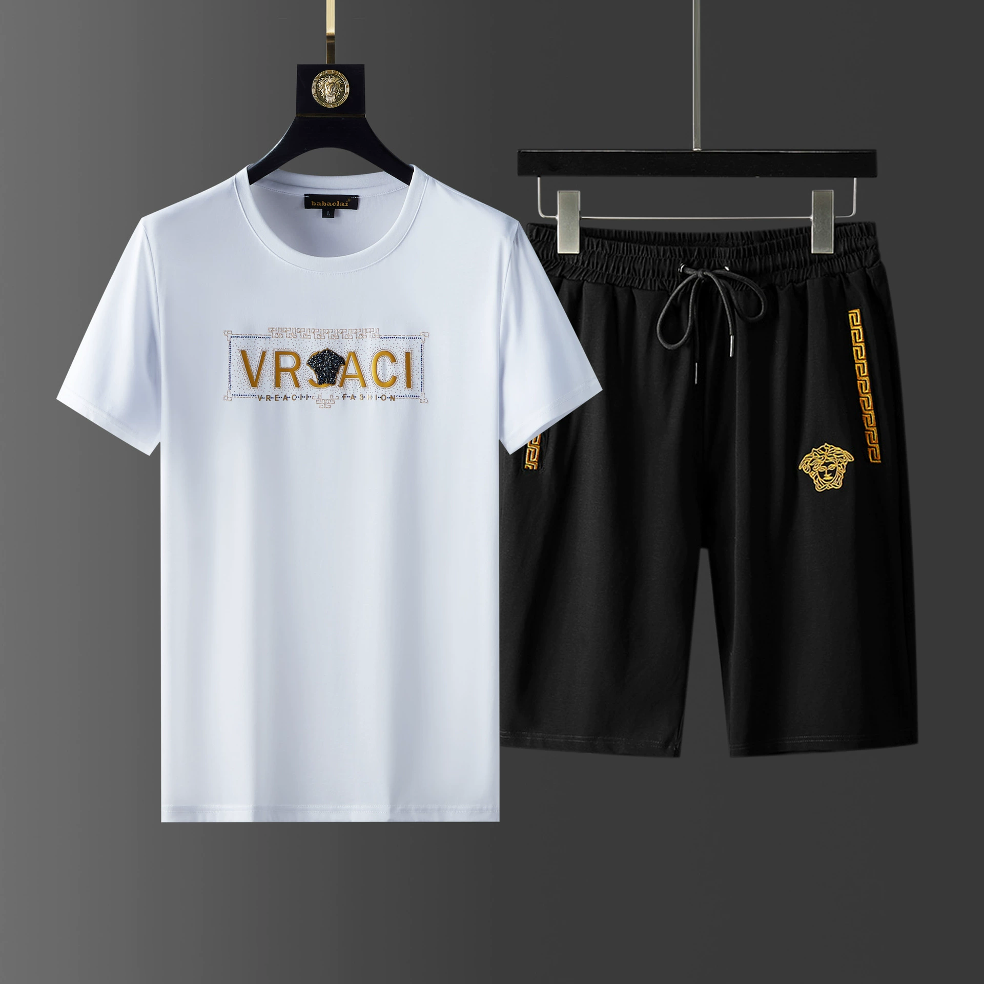 Европейский мужской повседневный костюм из мерсеризованного хлопка с короткими рукавами, новинка 2024, модная брендовая футболка с круглым вырезом и шортами, комплект из двух предметов