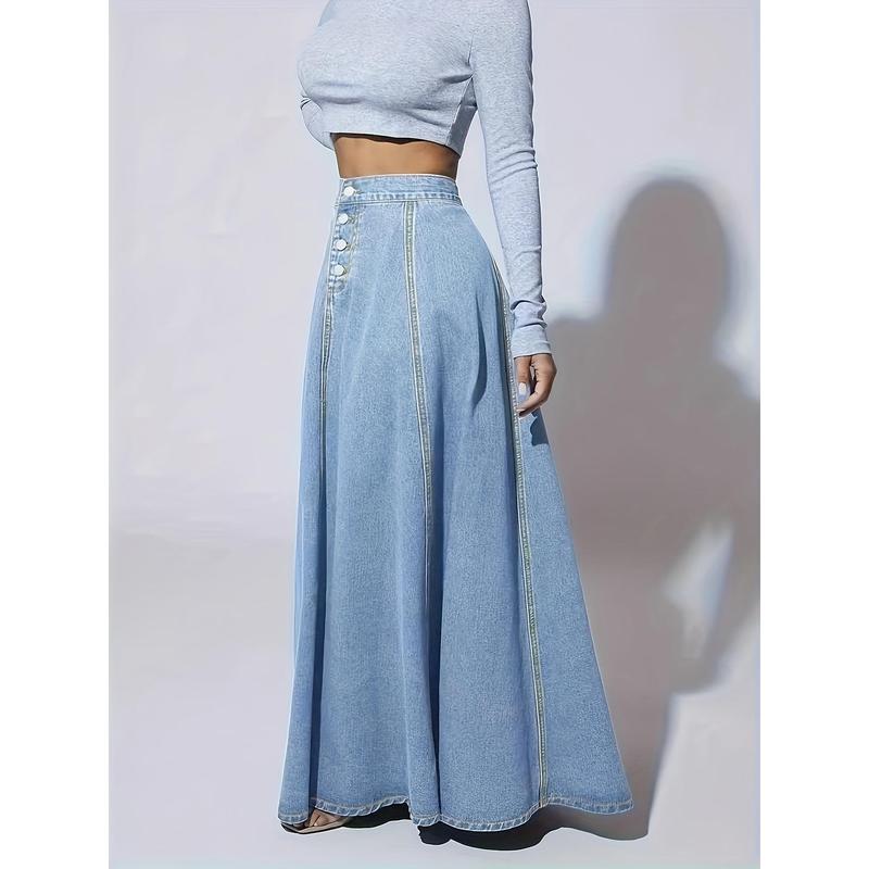 Elegant Washed Denim Skirt High Rise Button Fly A line Maxi|undefined